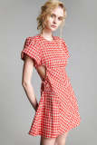 Crimson Checked Cut Out Waist Tie Detail Mini Dress