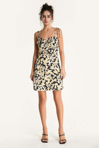 Black Daisy Floral Print Tie Strap Mini Dress