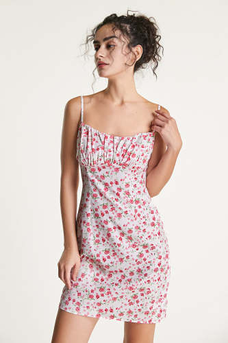 Pink Floral Print Spaghetti Strap Ruched Mini Dress