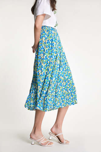 Cadet Blue Floral Print Elastic Waist Crinkled Midi Skirt