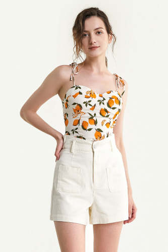 Ivory Fruit Print Tie Strap Cropped Cami Top