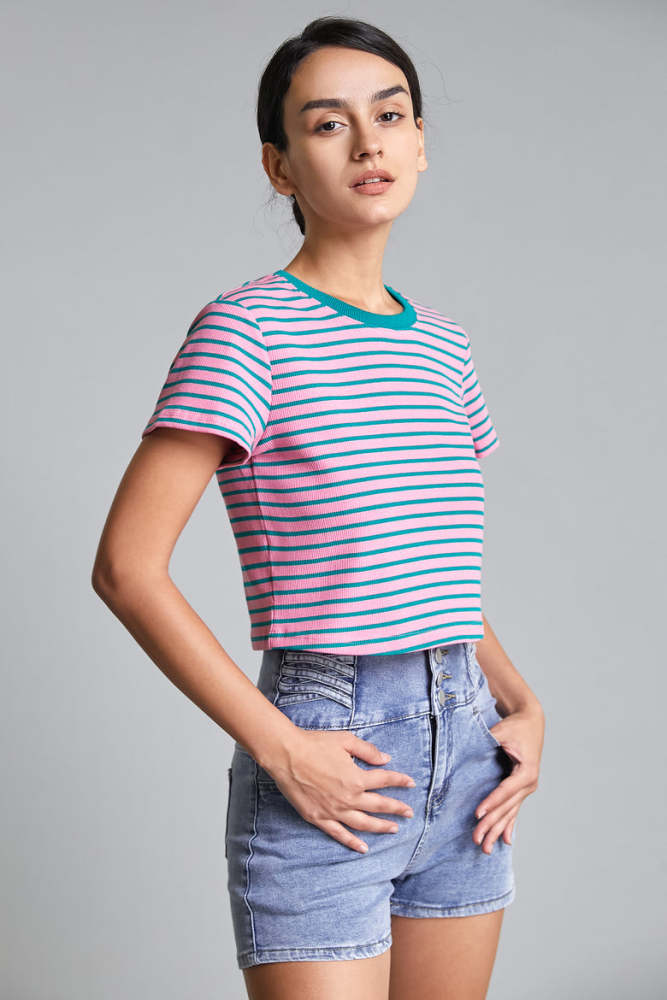 Pink Striped Ribbed Cropped T-Shirt