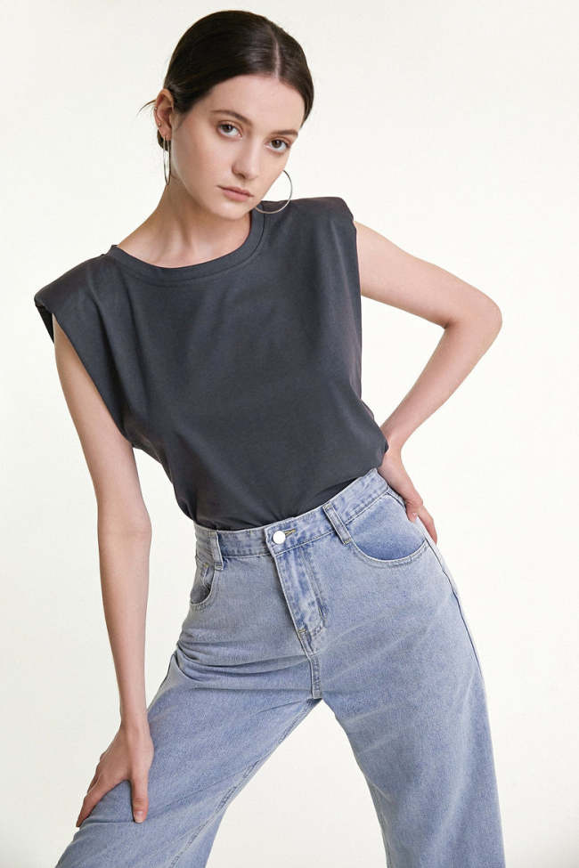 Dim Grey Padded Shoulder Sleeveless T-shirt