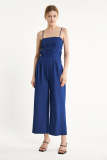 Medium Blue Smocked Spaghetti Strap Wide Leg Denim Jumpsuit