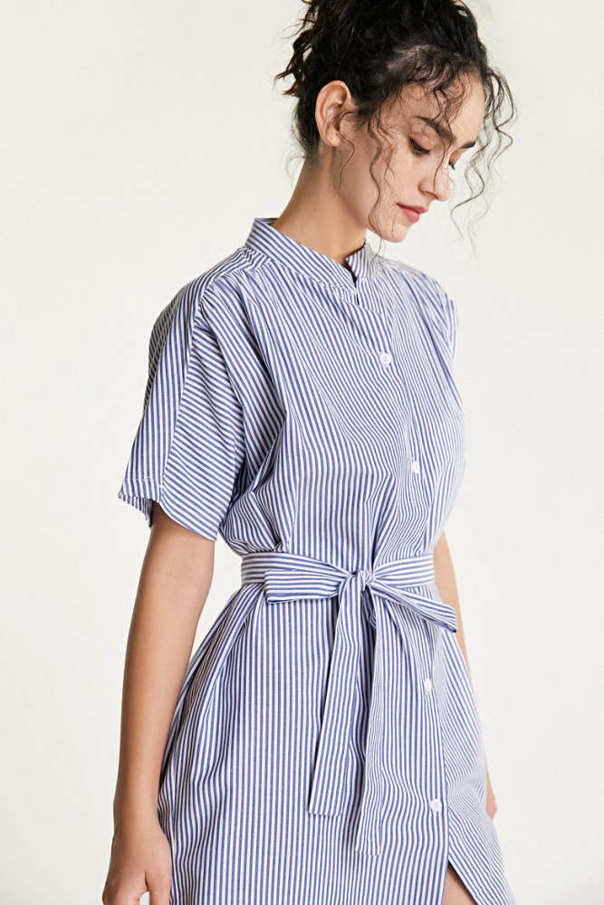 Blue Striped Tie Waist Stand Collar Midi Shirt Dress