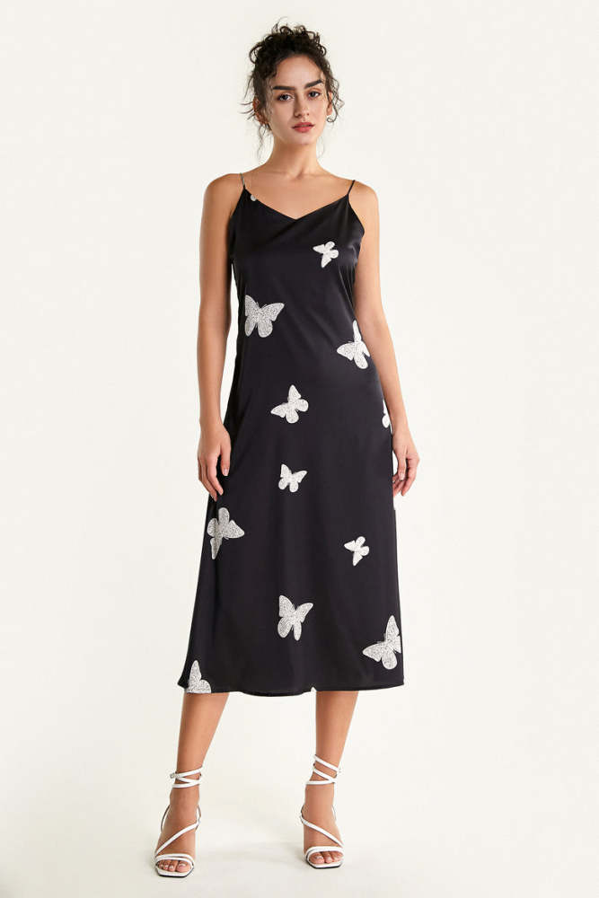 Black Satin Butterfly Print Spaghetti Strap Midi Dress