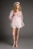 Pink Puff Sleeve Floral Print Organza Babydoll Mini Dress