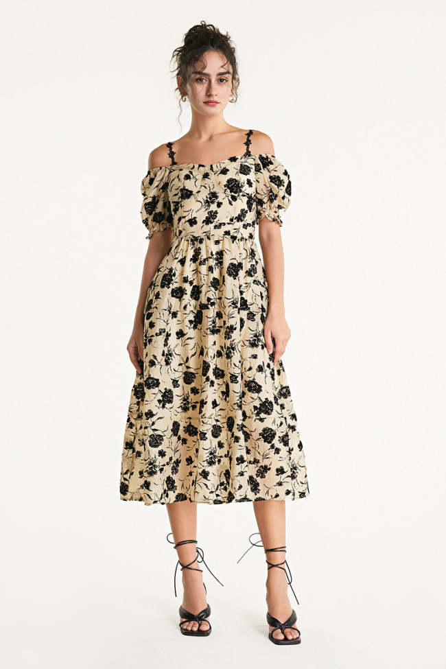Flash Sale                Beige Off-the-Shoulder Velvet Floral Midi Dress