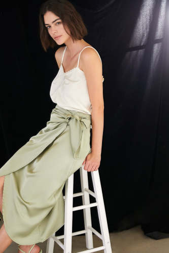 Dark Sea Green Satin Knot Front Overlap Midi Skirt