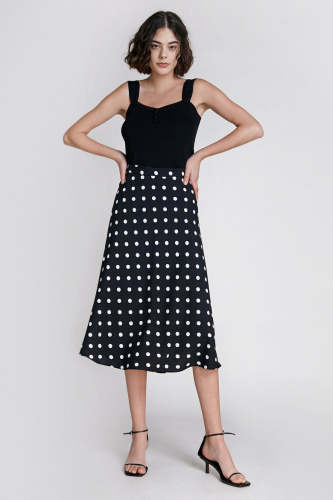 Black Polka Dot High Waist Midi Skirt