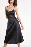 Black Satin Lace Detail Midi Dress