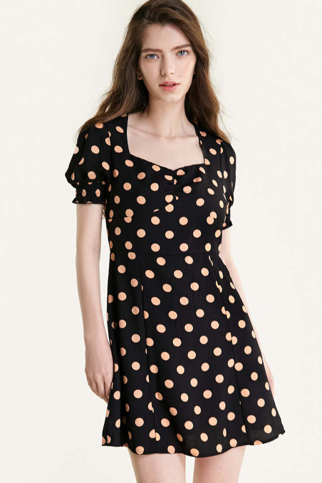 Black Polka Dot Sweetheart Neck Mini Dress