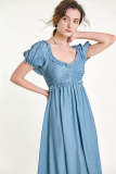 Light Blue Ruffled Pleat Detail Puff Sleeve Maxi Dress