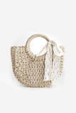Ivory Woven Straw Top Handle Lace Tie Crossbody Bag