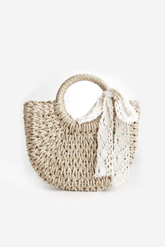 Ivory Woven Straw Top Handle Lace Tie Crossbody Bag