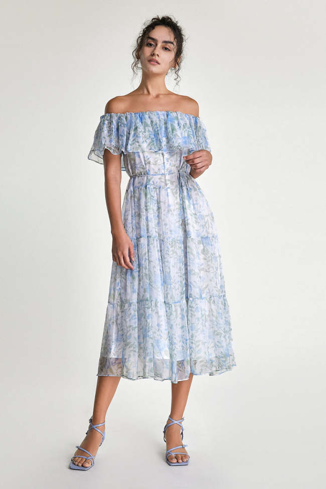 Light Sky Blue Floral Print Off-the-Shoulder Ruffled Maxi Dress