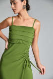 Dark Olive Green Ruched Drawstring Pleat Detail Midi Dress