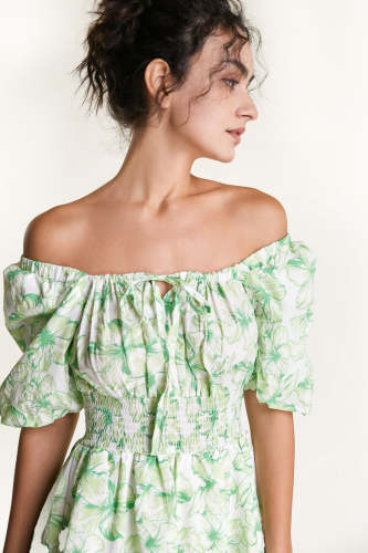 Light Green Off-the-Shoulder Floral Print Smocked Waist Mini Dress