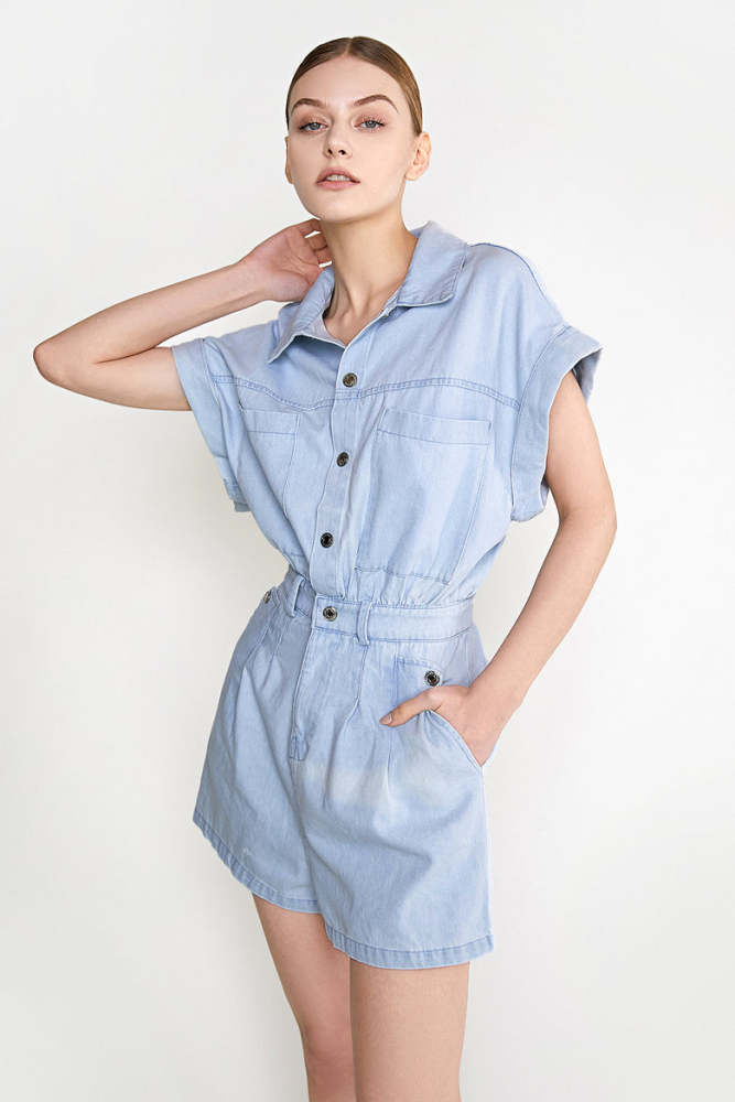 Light Blue Snap Button Placket Elastic Waist Denim Romper