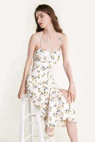 White Floral Print Lace-Up Side Slit Midi Dress