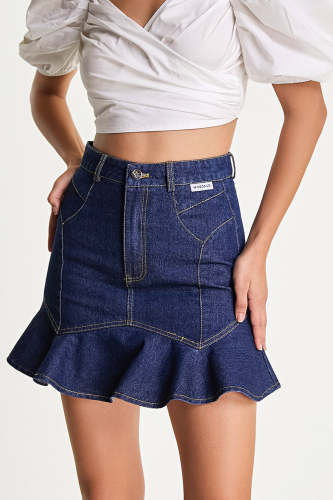 Dark Blue High Rise Frill Hem Mini Denim Skirt