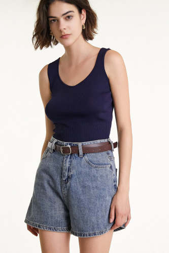 Dark Blue Rib-Knit Wearable Front And Back Tank Top
