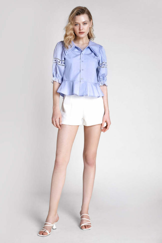 Light Sky Blue Sheer Lace Detail Ruffle Shirt