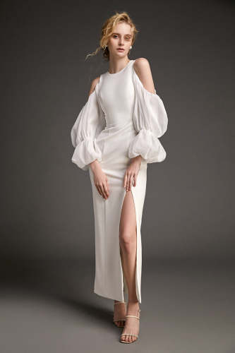 White Lantern Sleeve Cold Shoulder Side Slit Maxi Dress