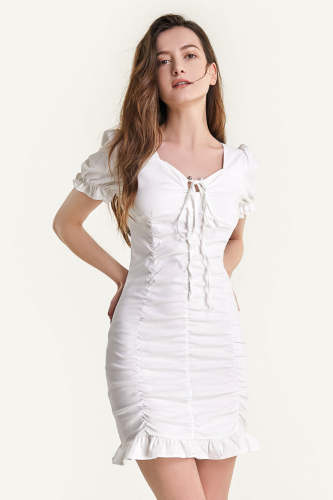 White Ruched Ruffled Bodycon Mini Dress