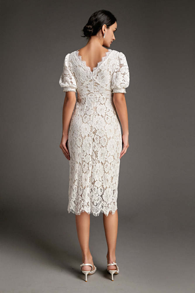 White Lace Overlay V-Neck Rhinestone Detail Midi Dress