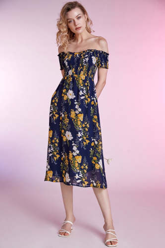 Black Off-the-shoulder Short Sleeve Floral Print Midi Dress