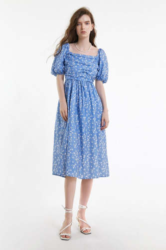 Light Sky Blue Floral Print Puff Sleeve Ruched Midi Dress