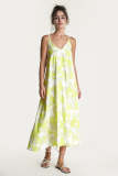 Yellow Printed Spaghetti Strap V-Neck Maxi Dress