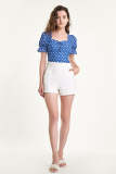 Steel Blue Polka Dot Tie Detail Cropped Blouse