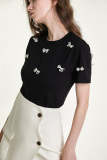 Black Faux-Pearl Bow Embellished Cotton Blouse