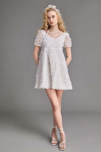 White Floral Applique Halter Puff Sleeves Mini Dress