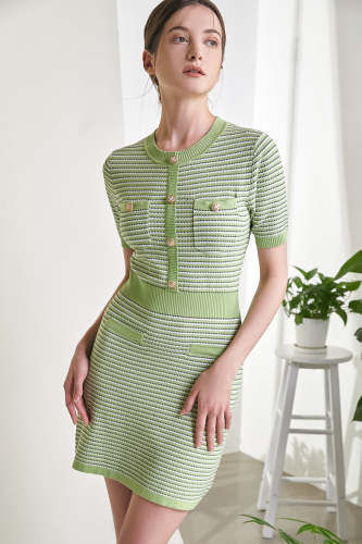 Light Green Pocket Detail Round Neck Short Sleeve Knitted Mini Dress