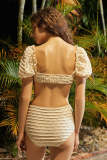 Light Yellow Hollow Out Puff Sleeve Seam Detail Bikini Set