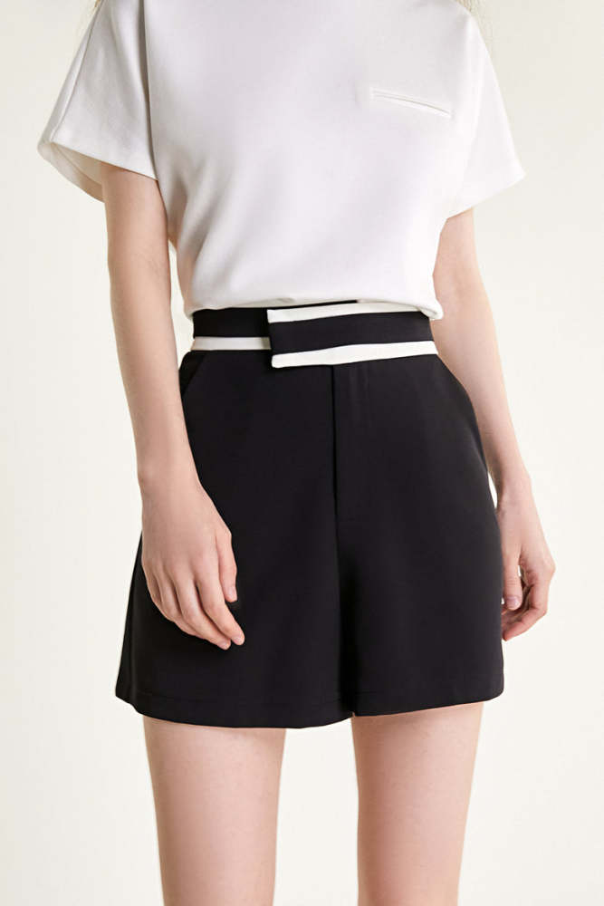 Black Contrast Trim Detail Wide Leg A-Line Shorts