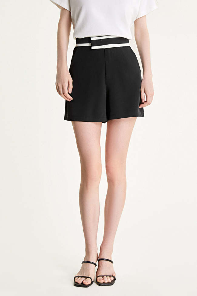 Black Contrast Trim Detail Wide Leg A-Line Shorts