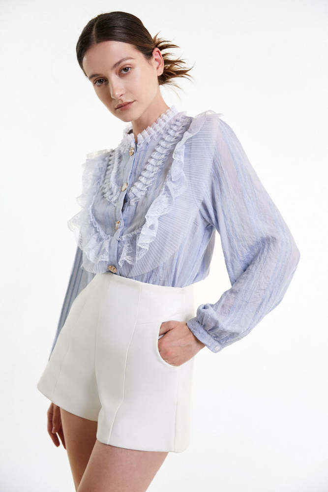 Light Steel Blue Lace Trim Button-Up Blouse