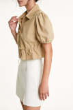 Flash Sale                Tan Tie Detail Puff Sleeve Cropped Cotton Shirt