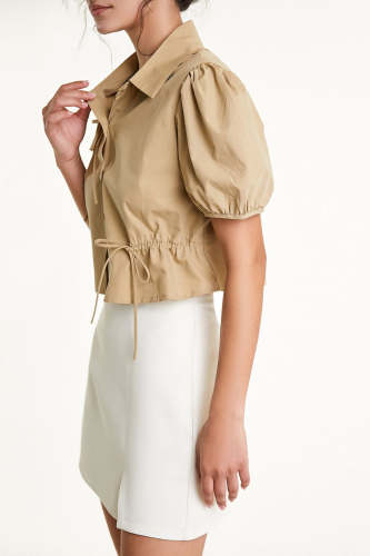 Flash Sale                Tan Tie Detail Puff Sleeve Cropped Cotton Shirt