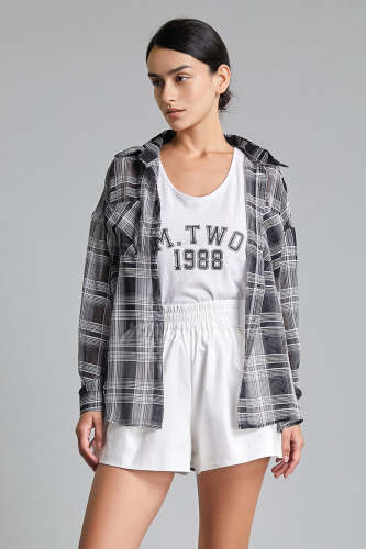 Black Checked Oversized Shirt With Matching Tank Top