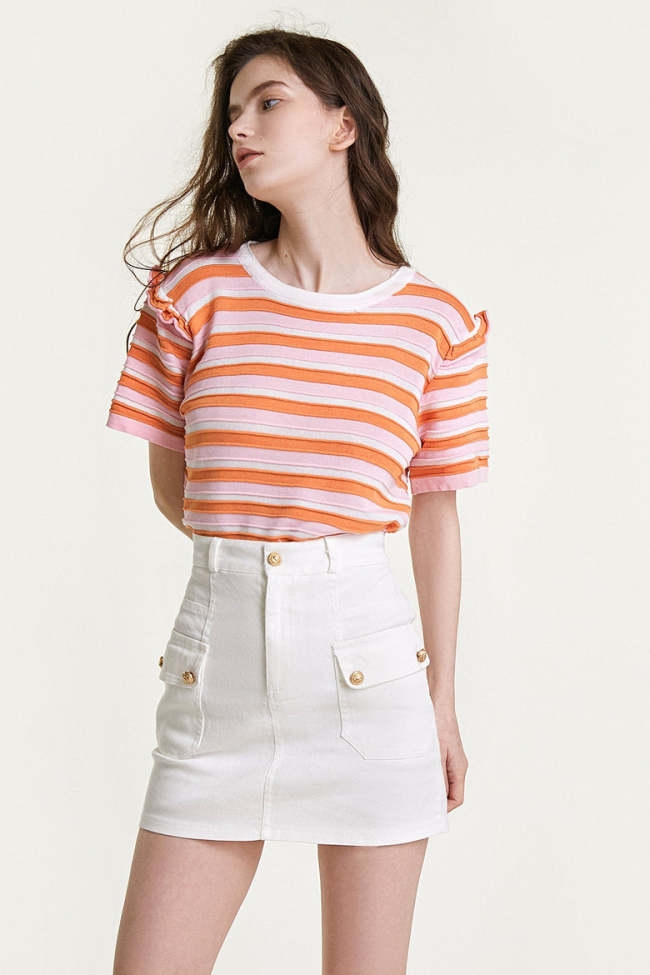 Pink Striped Seam Detail Short Sleeve Top
