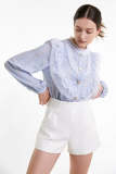 Light Steel Blue Lace Trim Button-Up Blouse