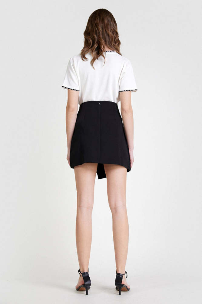 Black Asymmetric Wrap Front Mini Skirt