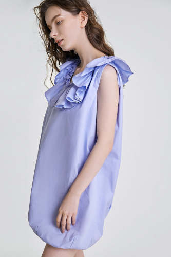 Light Steel Blue Ruffle-Trimmed Bubble Hem Mini Dress