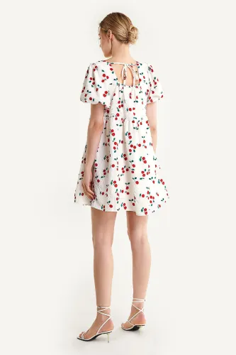 White Textured Cherry Print Puff Sleeve Mini Dress