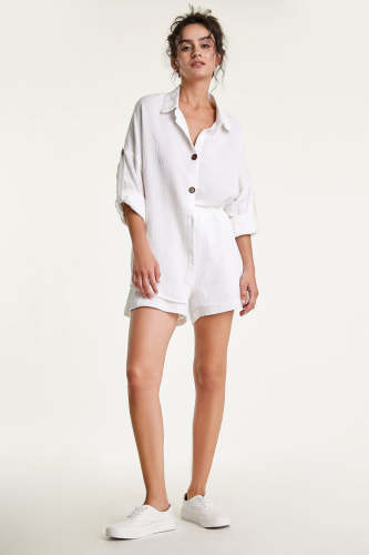 Flash Sale                White Cotton Button-Up Shirt & Shorts Two-Piece Set